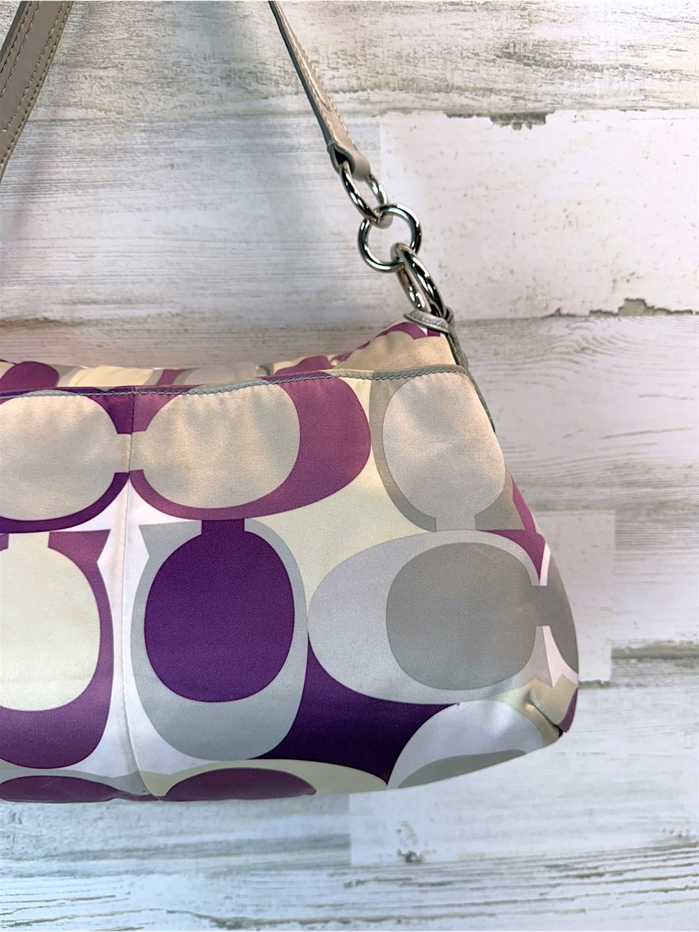 Coach Soho Purple Gray Op Art Satin Shoulder Bag Silver Buckle Hobo Purse - Picture 7 of 12